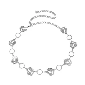 Silver metallic waist chain for women, retro fashion body chain dress belt with abstract metal links.