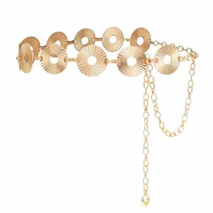 Gold metal waist chain detail, geometric disc design, vintage belt accessory for women.