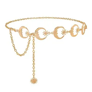 Golden celestial waist chain featuring exquisite moon and star pendants for chic boho outfits.