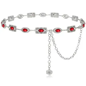 Cadena de cintura vintage de metal con pedrería roja, elegante cinturón para vestido.