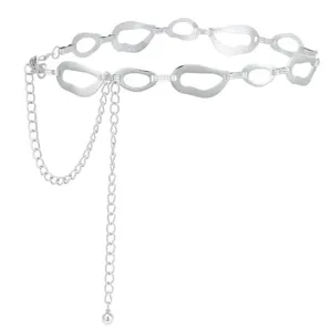 Silver geometric metal waist chain detail view for women fashion dress outfit styling
