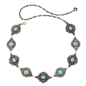 Detailaufnahme einer Vintage Türkis Taillenkette, Boho Metallgürtel mit Schmucksteinen.