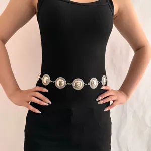 Silver metal disc waist chain for women, stylish vintage concho belt for dresses and pants.