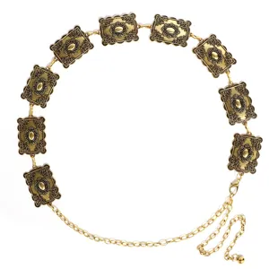 Vintage goldene Metall Taillenkette für Damen, ornamentale rechteckige Boho Gürtel Deko.