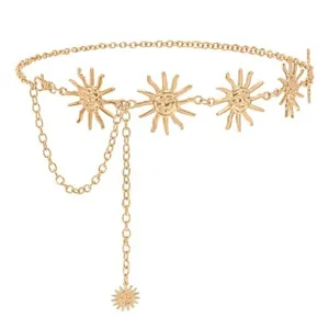 Exquisite vintage gold-plated sun face waist chain detailed close-up, stylish boho jewelry.