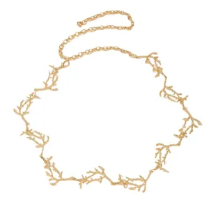 Gold metal waist chain for women dress, delicate twig branch design decorative belt accessory.