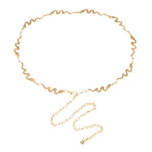 Gold metallic snake waist chain with detailed scale links, stylish and adjustable design.