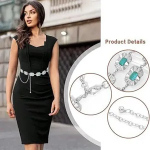 Catena da cintura bohémien retrò in metallo per donna con pietre turchesi e argento.