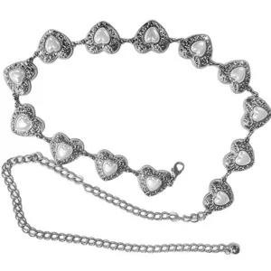 Women's silver metal heart waist chain with faux pearl vintage boho belt accessory.
