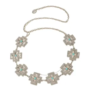 Retro silver chain belt for women, ethnic bohemian style dress accessory with turquoise.