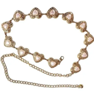 Vintage gold metal chain belt with pink heart pearl pendants for dresses jeans waist jewelry.