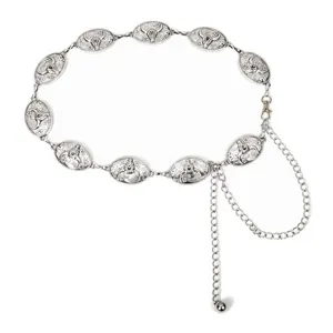Vintage silver metal waist chain with bull head oval concho plates, fashion body jewelry.