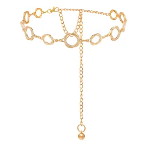 Gold metal chain belt for women, chic round ring waist jewelry, elegant waist accessory detail view.