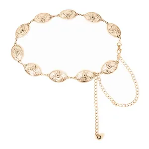 Retro gold metal waist chain for women vintage oval plate belt body jewelry adjustable