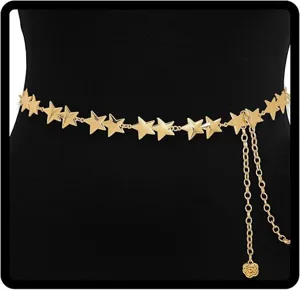 Gold star waist chain belt for women, elegant metallic star link hip chain jewelry dress accessory