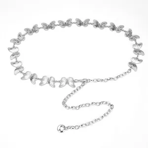 Silver butterfly metal chain waist belt details, elegant fashion accessory for women.