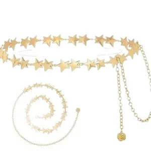 Gold star waist chain belt for women, sweet style metal body chain dress accessory detail view.