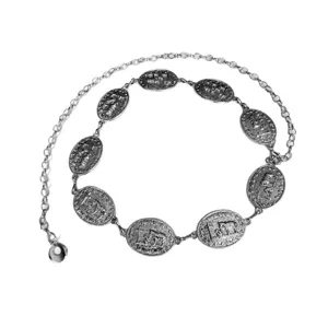 Silver metal waist chain featuring embossed oval medallion charms, retro chic body jewelry.