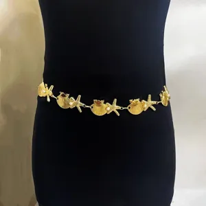 Women Metal Waist Chain Vintage Pearl Shell Starfish Belt Fashion Adjustable Body Chain Jewelry Accessories
