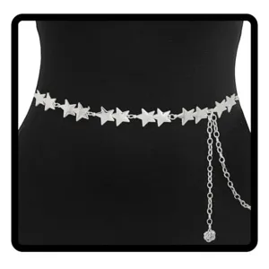 Chic silver star waist chain for women, trendy dress accessory with cute floral charm detail.