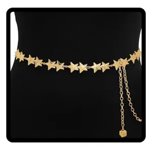Gold star chain belt detail showcasing metallic stars and charming pendant for stylish dress look