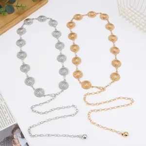 Women Fashion Metal Waist Chain Adjustable Vintage Floral Turquoise Bull Head Ring Design Belt Body Jewelry Accessories