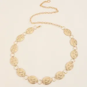 Women boho gold tone metal waist chain vintage coin disc body chain adjustable belt detail view