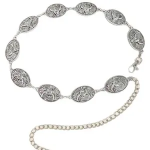 Detailansicht der silbernen Vintage Metall Taillenkette mit geprägten Stierkopf Medaillons.