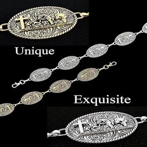 Vintage Western metallic waist chain body chain with oval cross plaques for women.