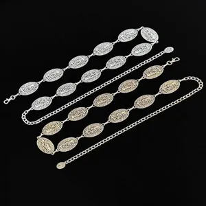 Vintage metal waist chain detail view, gold and silver body jewelry for women dresses and jeans.