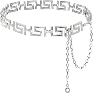 Silberne Metall-Taillenkette mit klassischem geometrischem Mäander-Muster und feiner Hängekette.