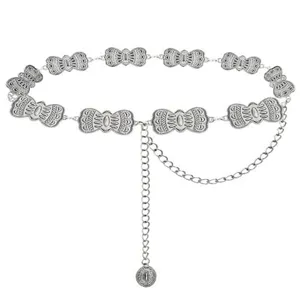 Vintage silver metal waist chain with carved butterfly links and delicate draping body jewelry.