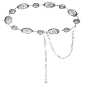 Silberne Metall Taillenkette für Damen, schicker hohler runder Gürtel mit hängenden Quasten.