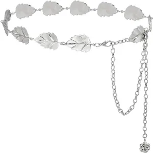 Silberne Metall Blatt Taillenkette Mode Accessoire fuer Damen Kleid Detail Ansicht.