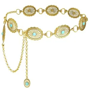 Catena da cintura in metallo dorato boho con medaglioni ovali turchesi, vintage.