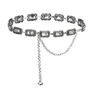 Vintage silver metal waist chain with clear rhinestone rectangular links and elegant drop chain.