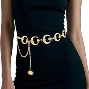 Cadena de Cintura de Metal Bohemia para Mujer Sol Luna Girasol Borla Cadena de Cuerpo Multicapa Vestido Cinturón Accesorios de Joyería de Moda