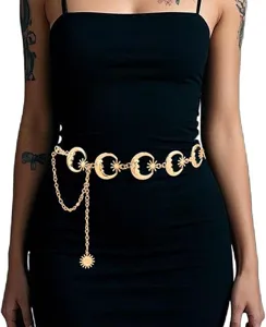 Cadena de cintura de metal dorado con dijes de sol y luna, estilo bohemio muy elegante.