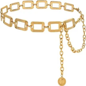 Goldene Metallkette Gürtel Detail, rechteckiges Glieddesign mit hängendem Münzen Anhänger.