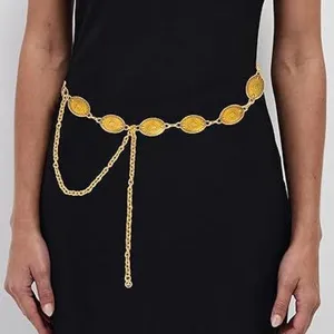Goldene Münz-Taille Kette für Damen, schicker Metallketten-Gürtel für Kleider, Körperschmuck.