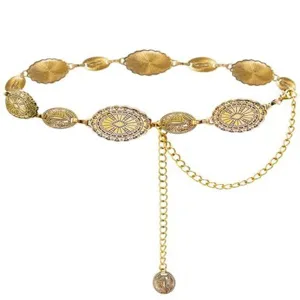 Vintage gold metal waist chain, intricate engraved round medallions and hanging chain details.