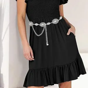 Boho silver metal waist chain with carved plates, elegant dress and coat belt accessory.
