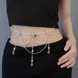Faux Pearl Tassel Waist Chain Layered Metal Butterfly Flower Body Chain Fashion Waist Belt For Women