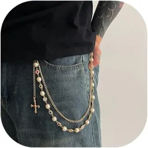Gotisch Kreuz Taillenkette Hip Hop Mehrschichtig Künstliche Perle Strass Metall Hose Kette Körperschmuck Für Herren Damen