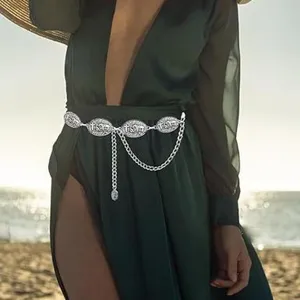 Vintage silver metal waist chain for women western style dress body chain accessory