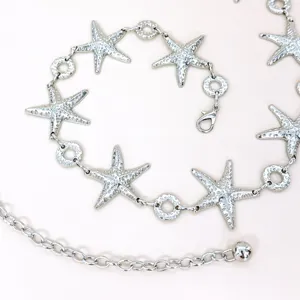 Bohemian Strand Seestern Metall Taillenkette Detailansicht, glänzender Silber Mode Gürtel.