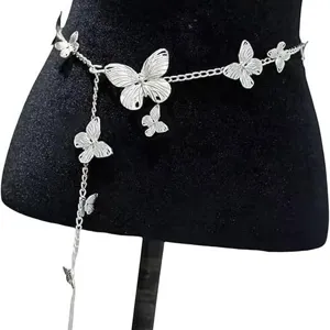 Silver butterfly chain belt for women, delicate metal waist chain tassel body jewelry accessory.