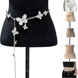 Silver butterfly waist chain body jewelry metal drop tassel belt for women fashion party dress accessory