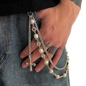 Rhinestone Perlen Taillenkette Gotisch Kreuz Anhänger Hip Hop Hosenkette für Damen und Herren