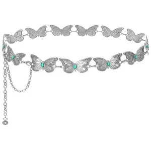 Chaîne de taille papillon en métal argenté avec pierres turquoise, accessoire chic.